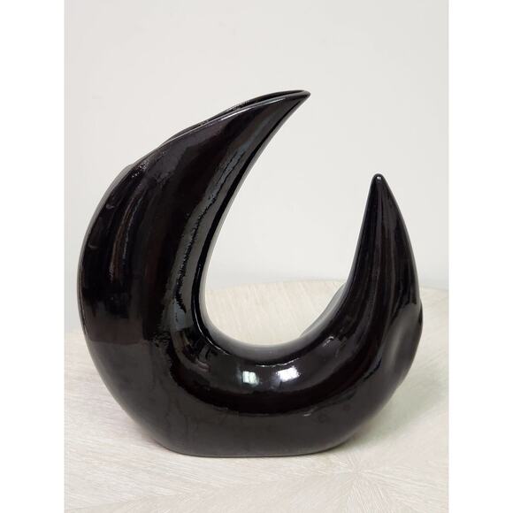 Vintage 80s Black Vase Black Ceramic Crescent Moon Shaped Vessel Pierrot Face - Picture 2 of 11
